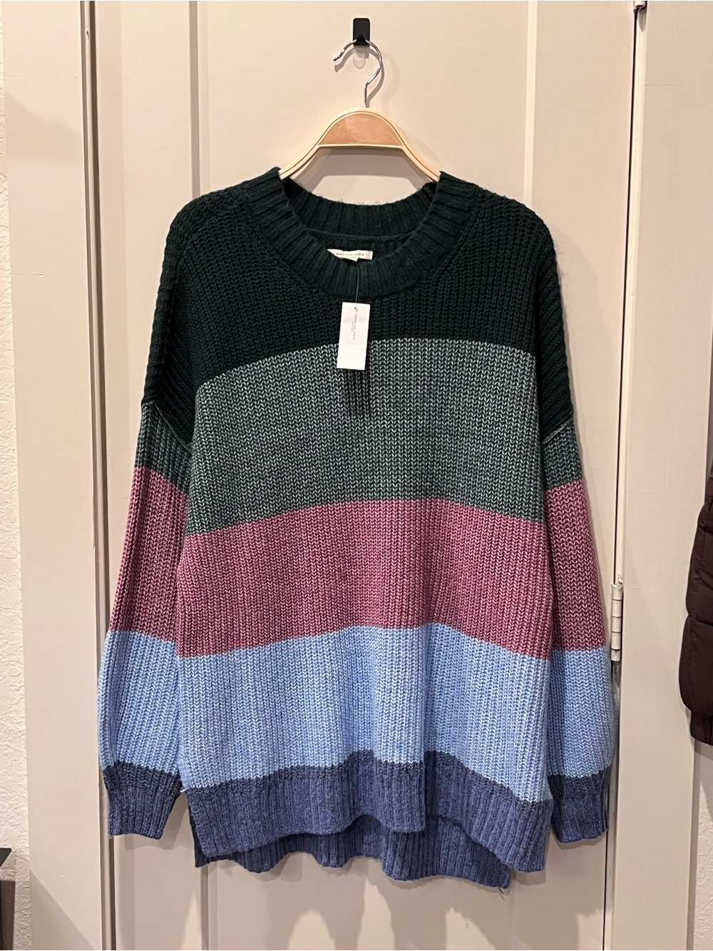American Eagle Outfitters Striped Crewneck Sweater in Green, Purple & Blue